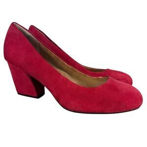 Sofft Red Leather Pumps Chunky High Heels Round Toe Suede Shoes Slip On sz 9.5